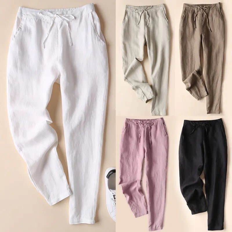 Thin Linen Pants for Women - Slim Fit, Ankle-Length Solid Pencil Pants, Elastic Waist - Wandering Woman