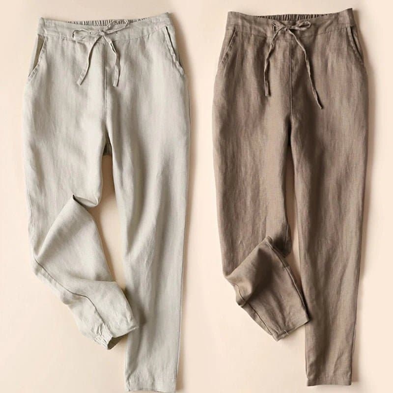 Thin Linen Pants for Women - Slim Fit, Ankle-Length Solid Pencil Pants, Elastic Waist - Wandering Woman