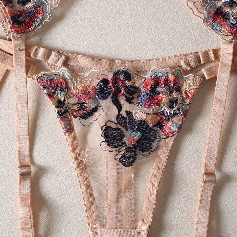 Transparent Lace Bra Set with Panty and Garter - Sexy Floral Lingerie - Wandering Woman