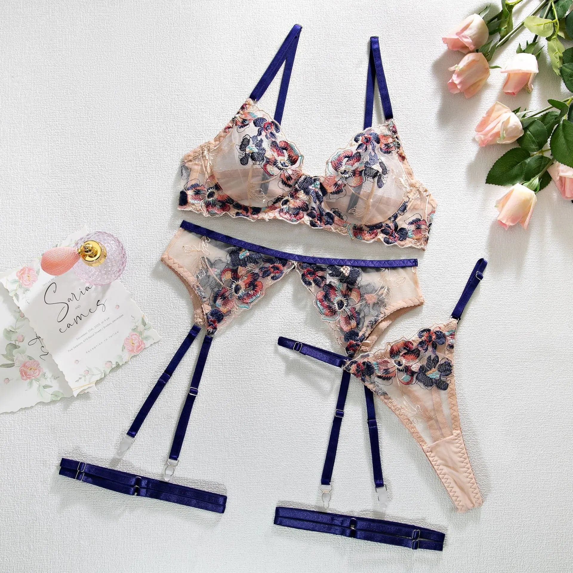 Transparent Lace Bra Set with Panty and Garter - Sexy Floral Lingerie - Wandering Woman