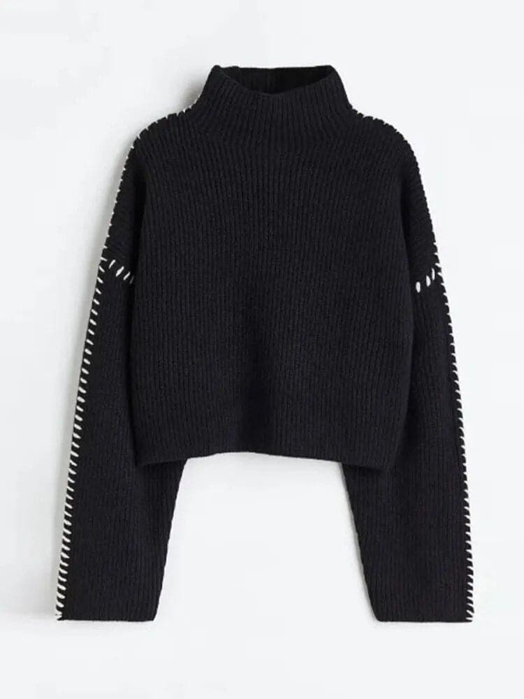 Turtleneck Contrast Color Knit Pullover - Wandering Woman