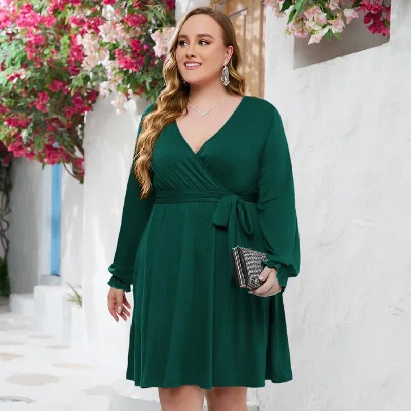 V Neck Lantern Sleeve Dress - Wandering Woman