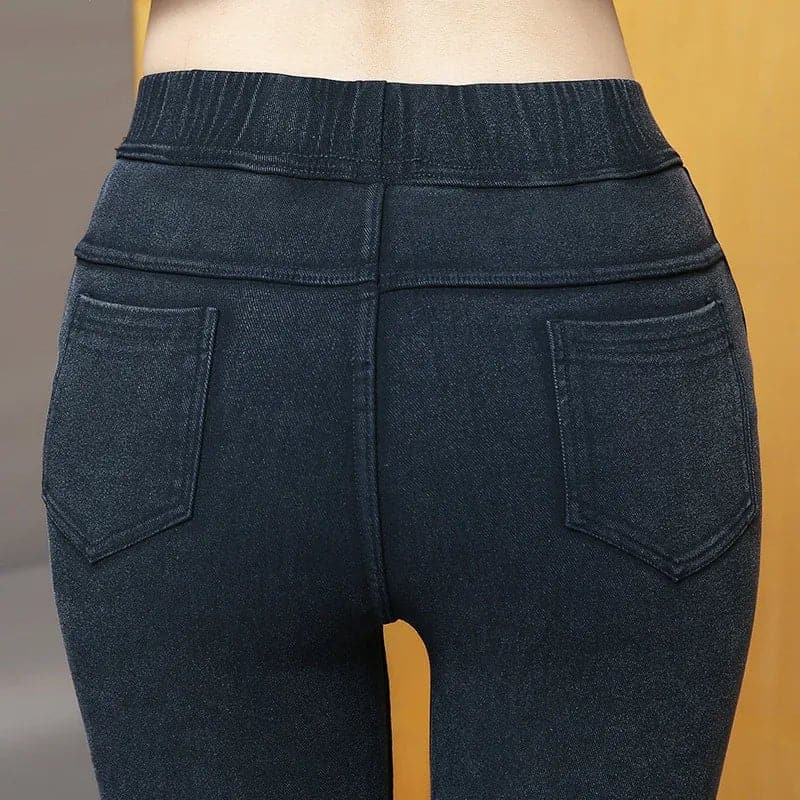 Velvet Lined Denim Leggings with Booty Lifting - Thick Winter Pants - Wandering Woman