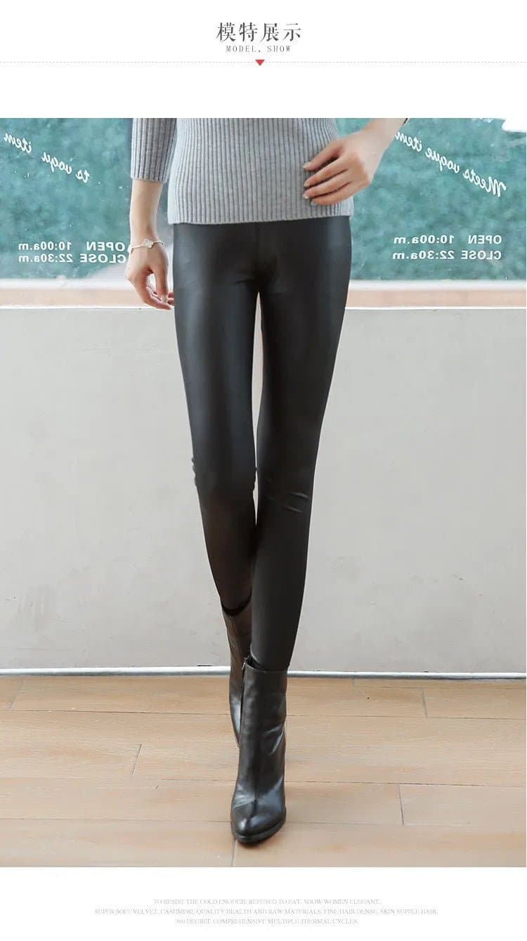 Velvet Lined Imitation Leather Leggings with High Waist - Cozy & Stylish - Size L to 6XL - Wandering Woman