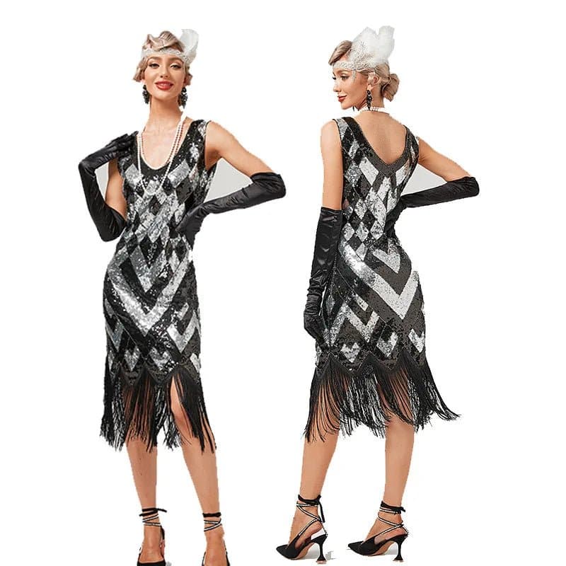 Vintage Sequin Tassel Dress - Geometric A-Line Mid-Calf Sleeveless V-Neck - Wandering Woman