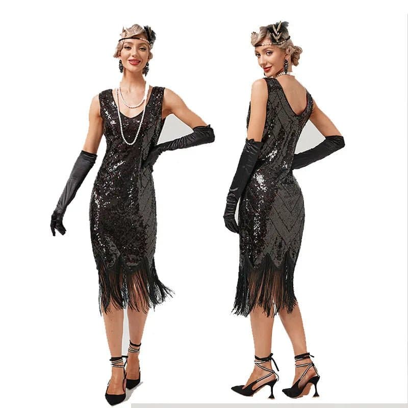 Vintage Sequin Tassel Dress - Geometric A-Line Mid-Calf Sleeveless V-Neck - Wandering Woman