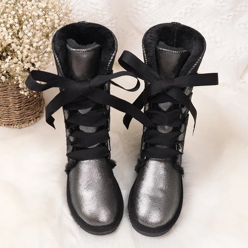Warm Leather Snow Boots with Genuine Cow Leather Shaft and Rubber Outsole - GRWG - Wandering Woman