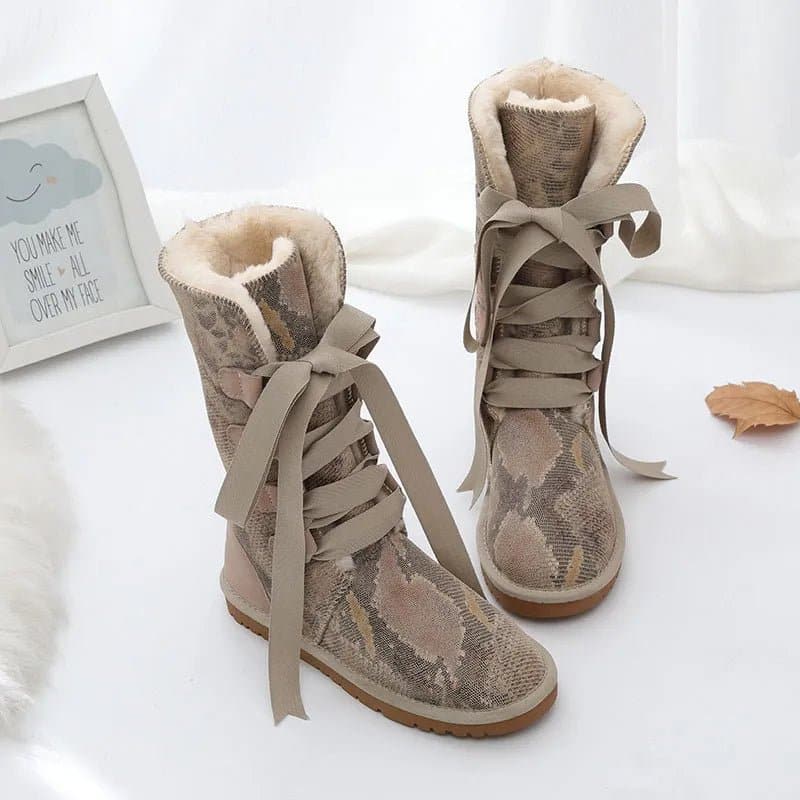 Warm Leather Snow Boots with Genuine Cow Leather Shaft and Rubber Outsole - GRWG - Wandering Woman