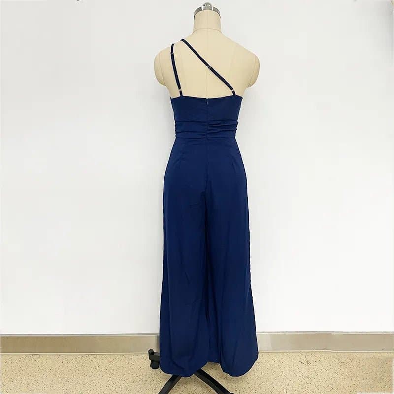 Wide Leg Backless Women's Jumpsuit, Polyester Material, High Waist, Solid Color - Wandering Woman