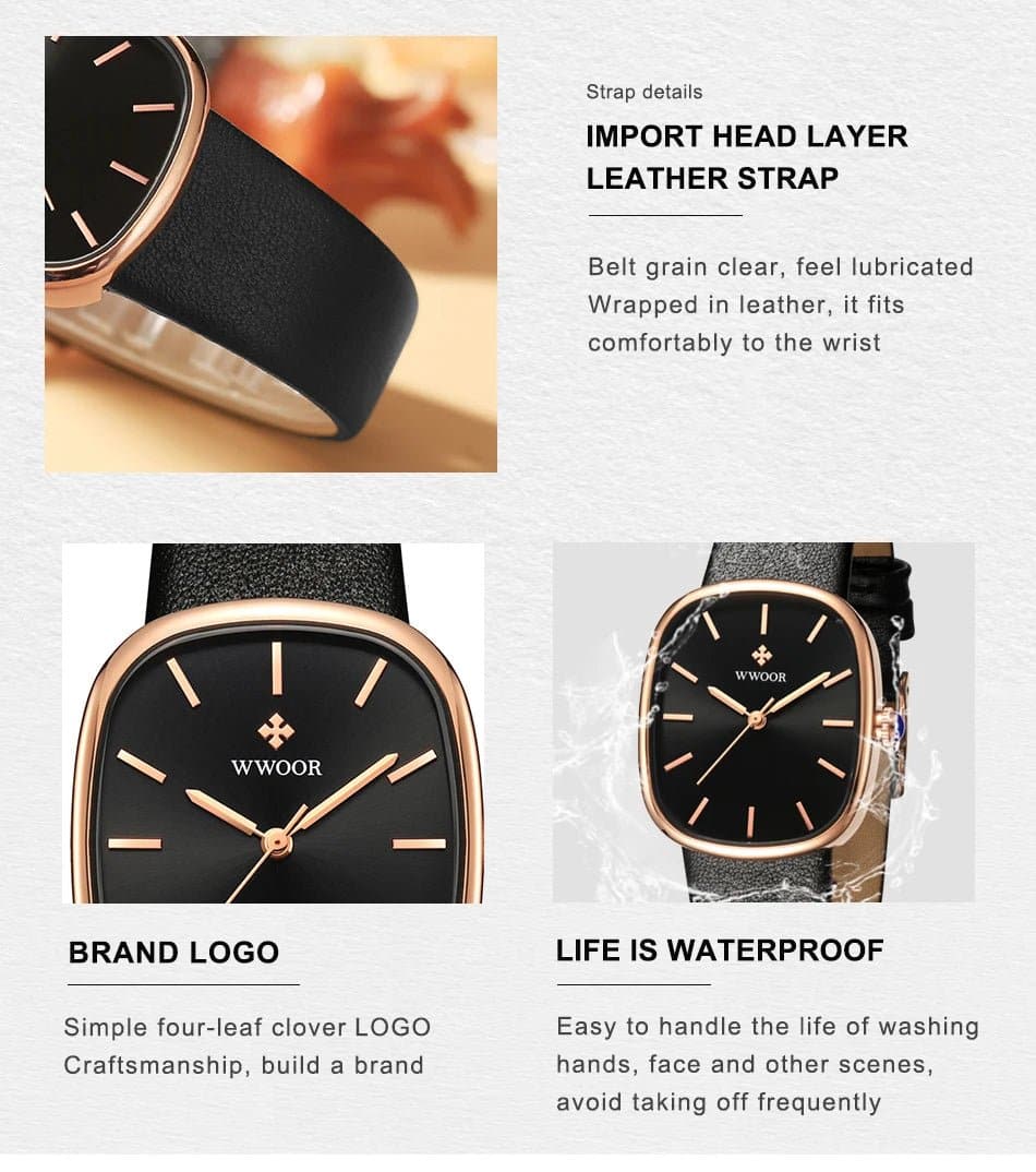 Women Leather Strap Watches - WWOOR Luxury Quartz, Water Resistant 3Bar, Shock Resistant - Wandering Woman