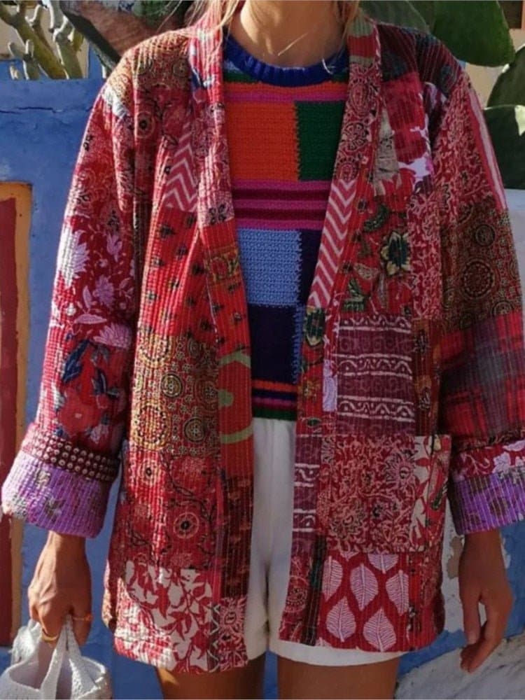 Women Multicolor Printed Patchwork Coat - Wandering Woman