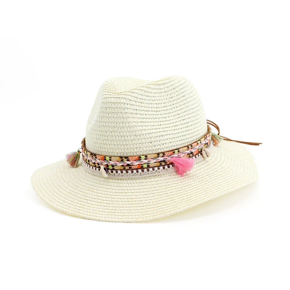 Women Straw Sun Hat - Buttermere Casual Beach Hat with Tassel, Solid Color, 56-58cm Size - Wandering Woman