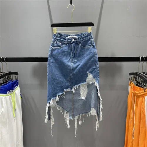 Women's Asymmetrical Denim Skirt with Tassel Hole Pocket Zipper - High Waist Midi Dress (2023 Spring) - Wandering Woman