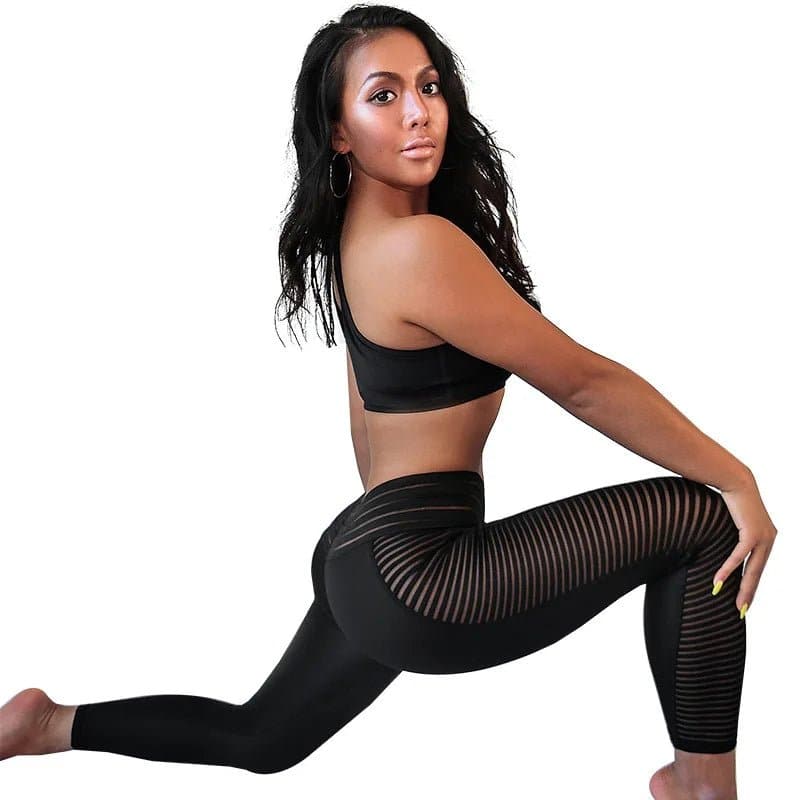Women's Black Mesh Yoga Leggings - Moisture-Wicking & Breathable - Wandering Woman
