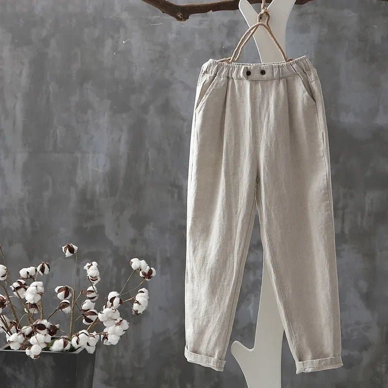 Women's Cotton Hemp Linen Capri Pants - Casual Loose Solid Harem Pants - Wandering Woman