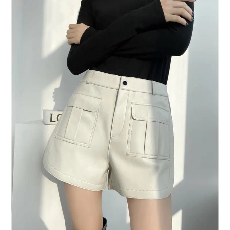 Women's Genuine Leather Shorts - High-Waisted Straight Fit All Season Sheepskin Shorts - Wandering Woman