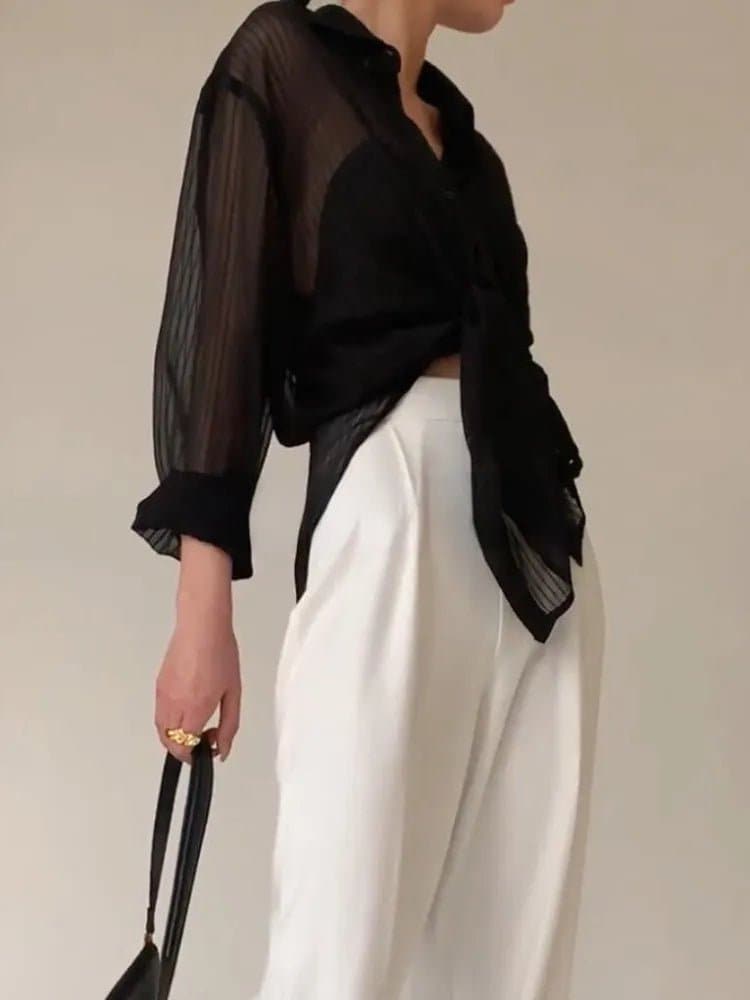 Women's Sheer Striped Shirt - Casual Long Sleeve Korean Style - Wandering Woman
