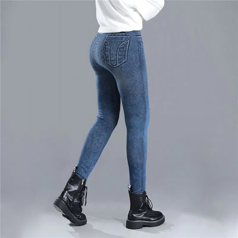 Women's Thin Fleece Faux Denim Pants - Stylish and Comfortable Ankle-Length Pants - Wandering Woman